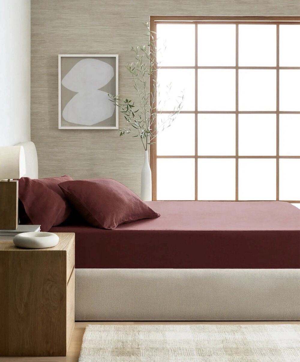 NEW Quince European Linen Fitted Sheet King Sheet Only Burgundy 16” Depth